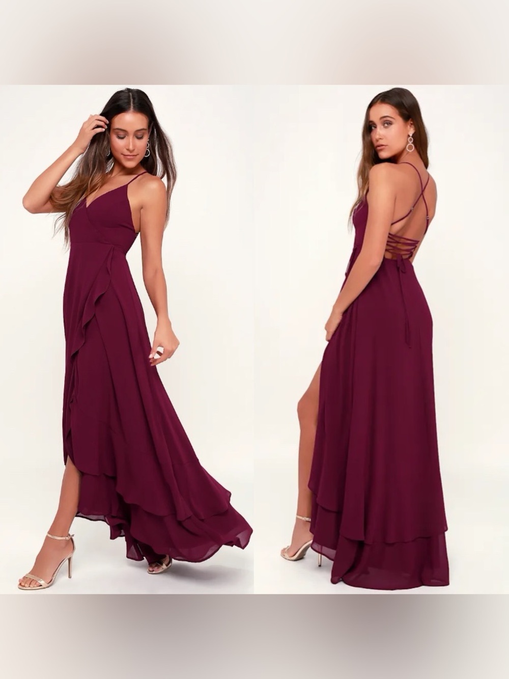 Lulu’s In Love Forever Burgundy Lace-Up High Low Ruffled Maxi Dress